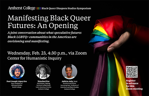 A poster for the Black Queer Symposium with a hand holding a rainbow colored flag
